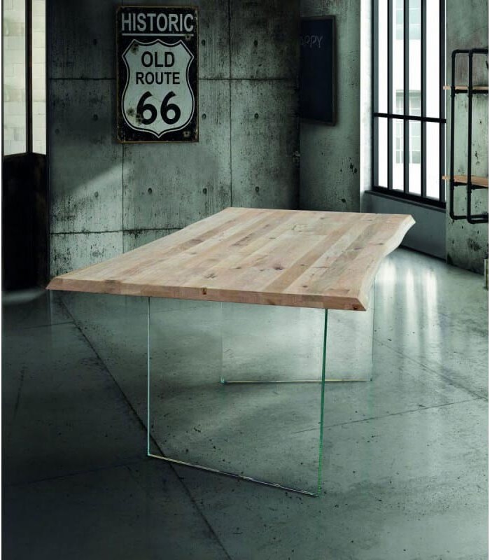 Tavolo rettangolare, piano in vetro, gambe in legno massello