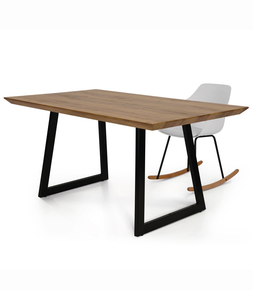Tavolo Fisso Moderno con Base in Metallo e Piano in Legno Massello