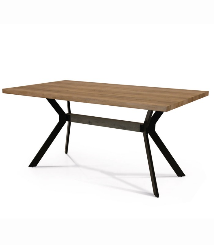 Tavolo con gambe incrociate in metallo e piano in legno impiallacciato