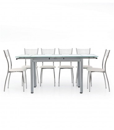 Set Tavolo bianco rettangolare allungabile in vetro + 4 Sedie in acciaio